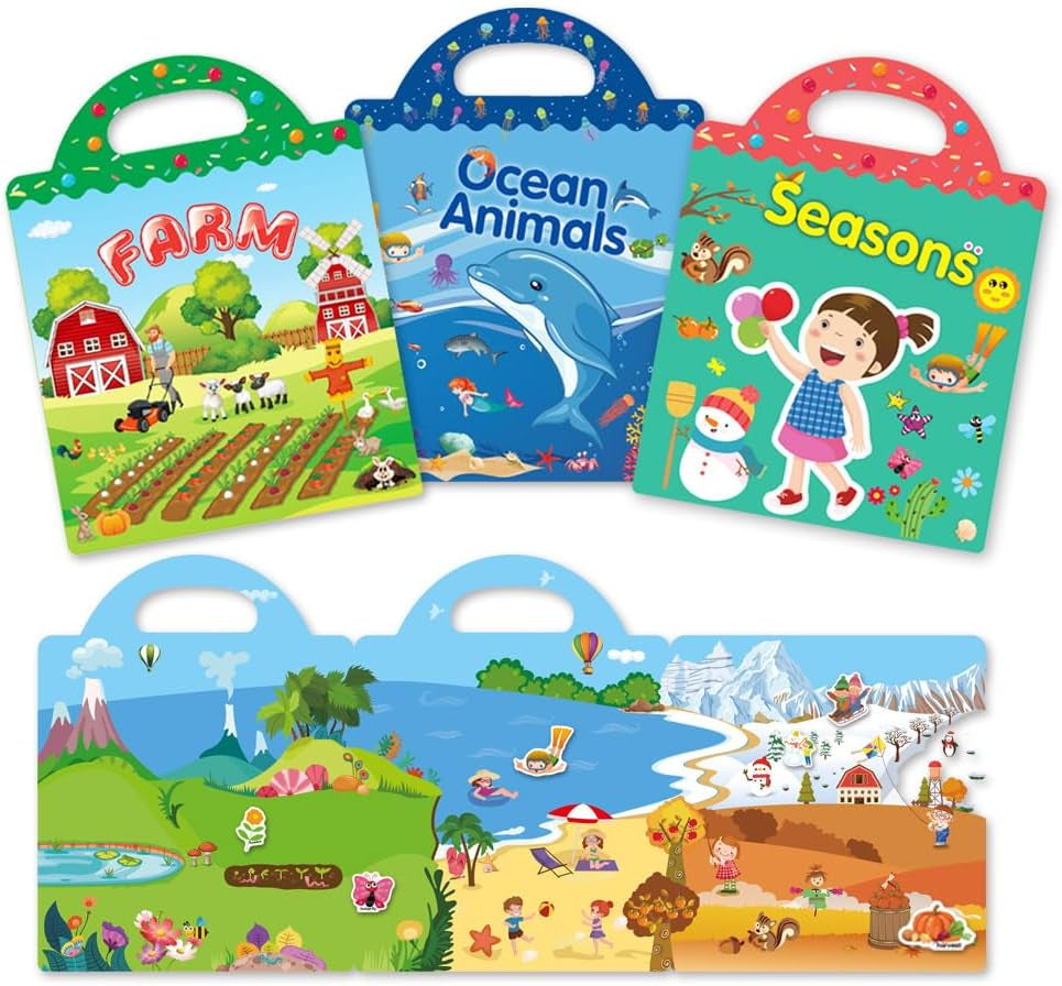 Professional Reusable Sticker Book Set for Toddlers Ages 2-4, Featuring 3 Themed Books with 115 Waterproof Stickers: Ocean Animals, Farm Life, and Seasonal Adventures