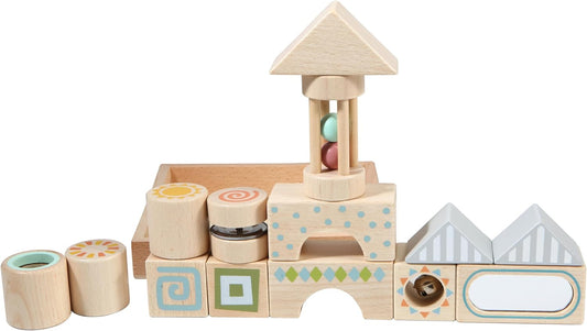 Sensory Blocks - Wooden Stacking Blocks with Bell, Kaleidoscope, Mirror, Rattle & Tambourine, Stacking Toys for 1 2 3 Year Old Boys & Girls - Fun Educational Toys