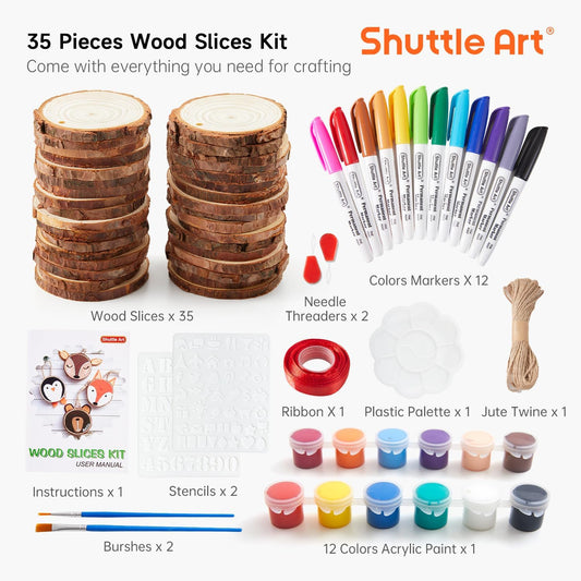 Wood Slices Kit, 35 PCS Unfinished Natural Wood Slices with Pre-Drilled Hole, Acrylic Paint, Permanent Markers, Jute Twine, DIY Craft for Kids Adults Holiday Decoration Christmas Ornaments