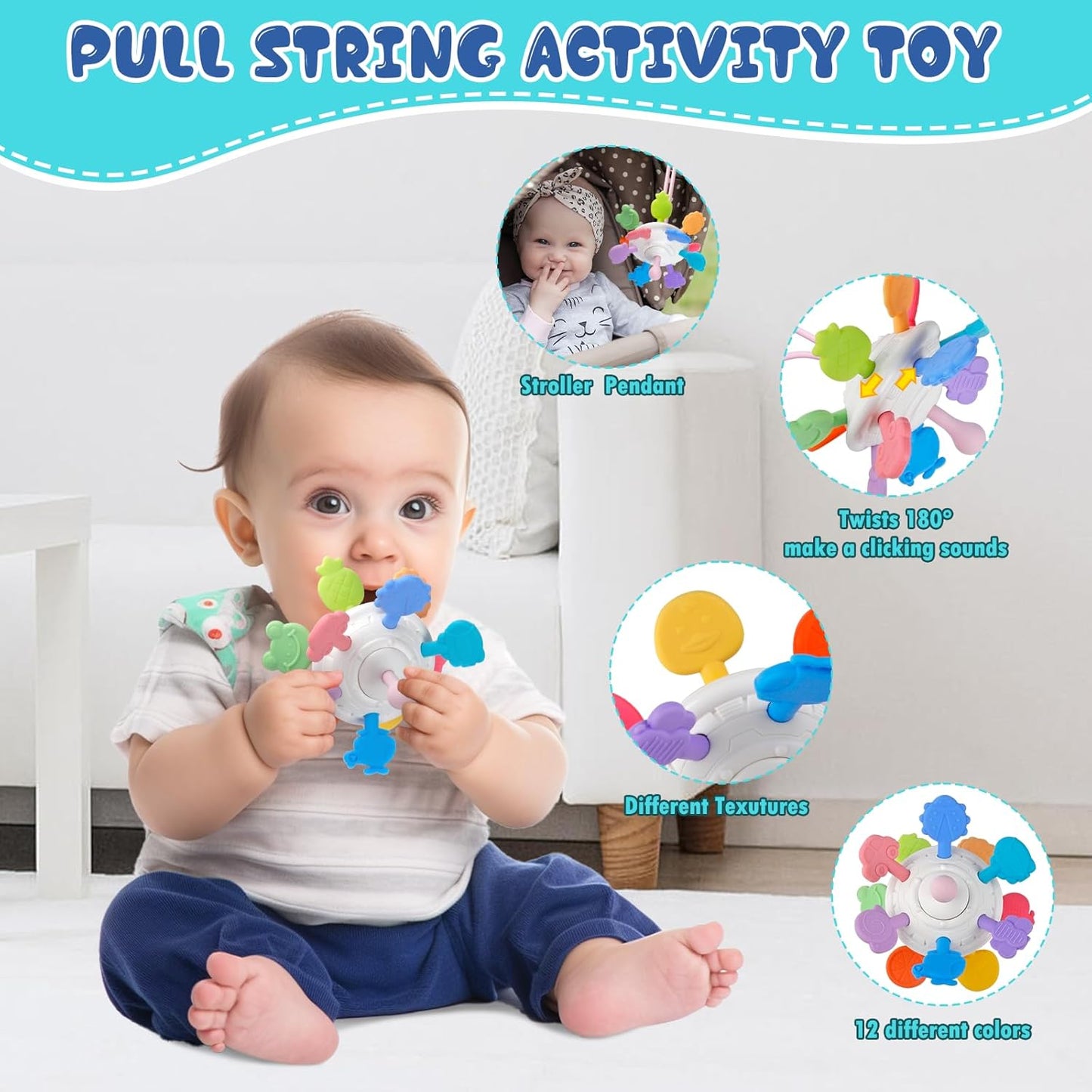 Baby Toys 6 To12-18 Months, Montessori Toys for 1-3 Year, 4 in 1 Stacking Building Blocks Infant Toys,Pull String Baby Teething Toys3-6-9-12 M+,Shape Bin Sensory Toys, Baby Boy Girl Birthday Gifts