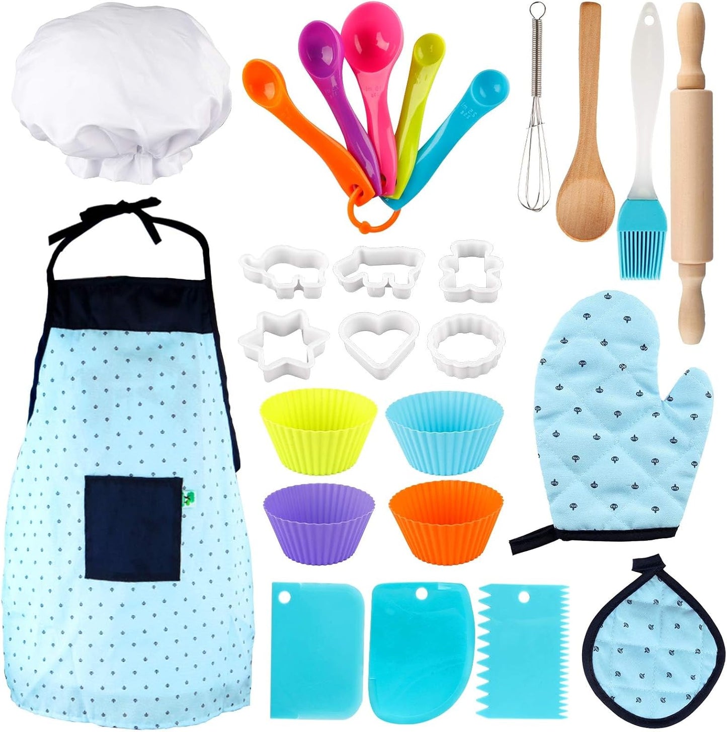 Kids Cooking and Baking Set - 24 Piece Apron and Chef Hat Costume for Ages 3-8