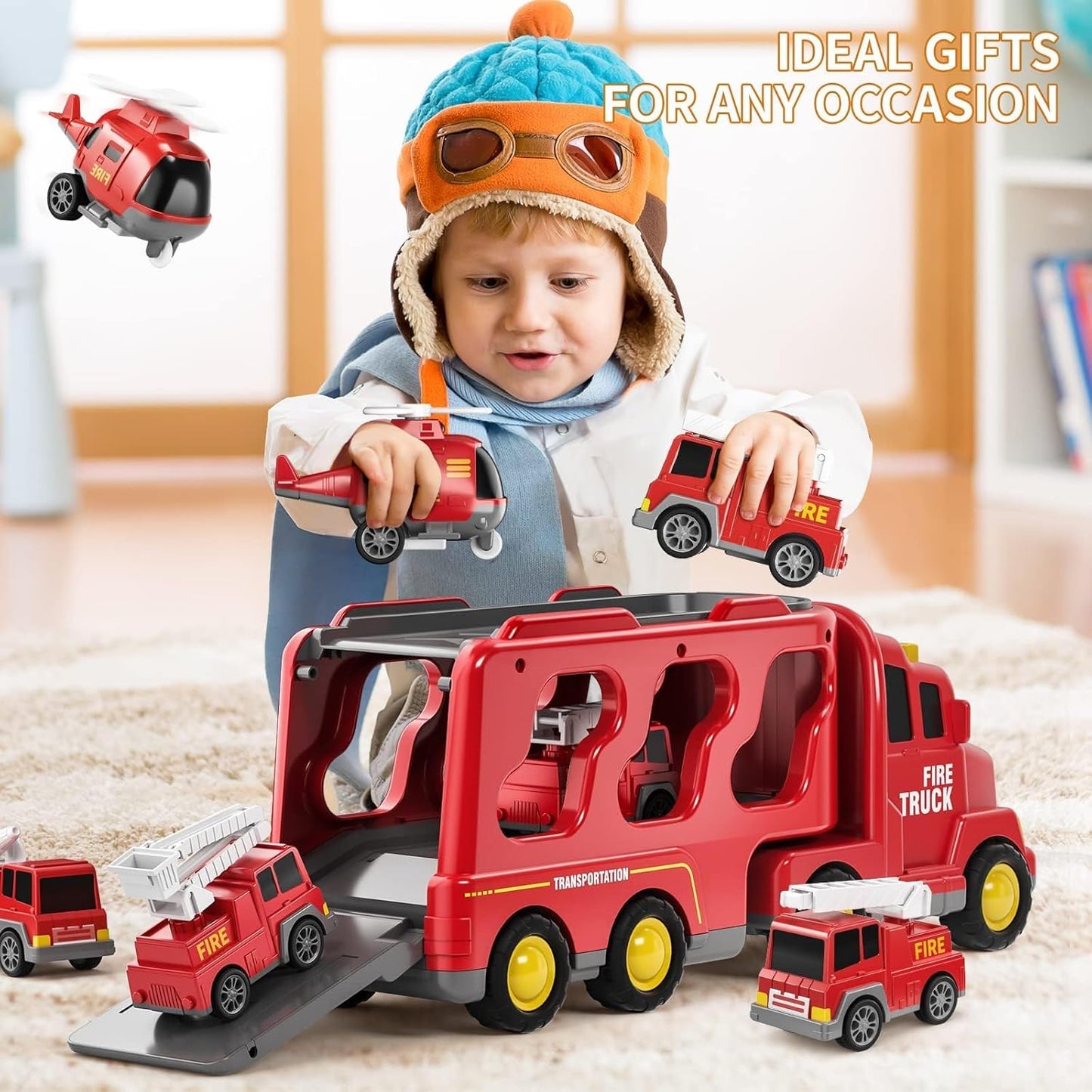 Fire Truck Toys Car for 3 4 5 6 Year Old Toddlers Boys, 5 in 1 Truck Friction Power Toy Car with Light and Sound Transport Vehicle Carrier Truck, Car Toys Set for Boys Girls 3-5 Year