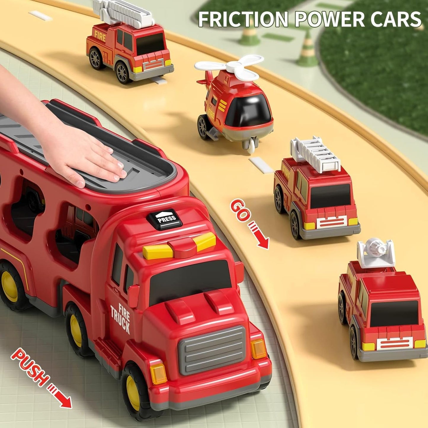 Fire Truck Toys Car for 3 4 5 6 Year Old Toddlers Boys, 5 in 1 Truck Friction Power Toy Car with Light and Sound Transport Vehicle Carrier Truck, Car Toys Set for Boys Girls 3-5 Year