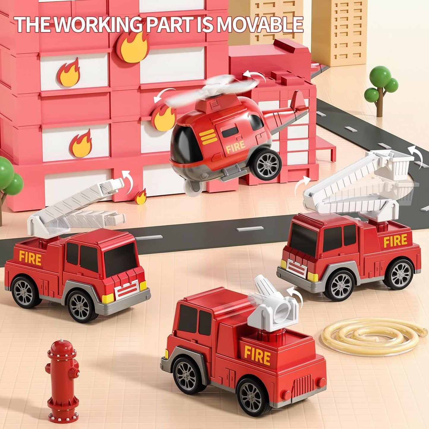Fire Truck Toys Car for 3 4 5 6 Year Old Toddlers Boys, 5 in 1 Truck Friction Power Toy Car with Light and Sound Transport Vehicle Carrier Truck, Car Toys Set for Boys Girls 3-5 Year