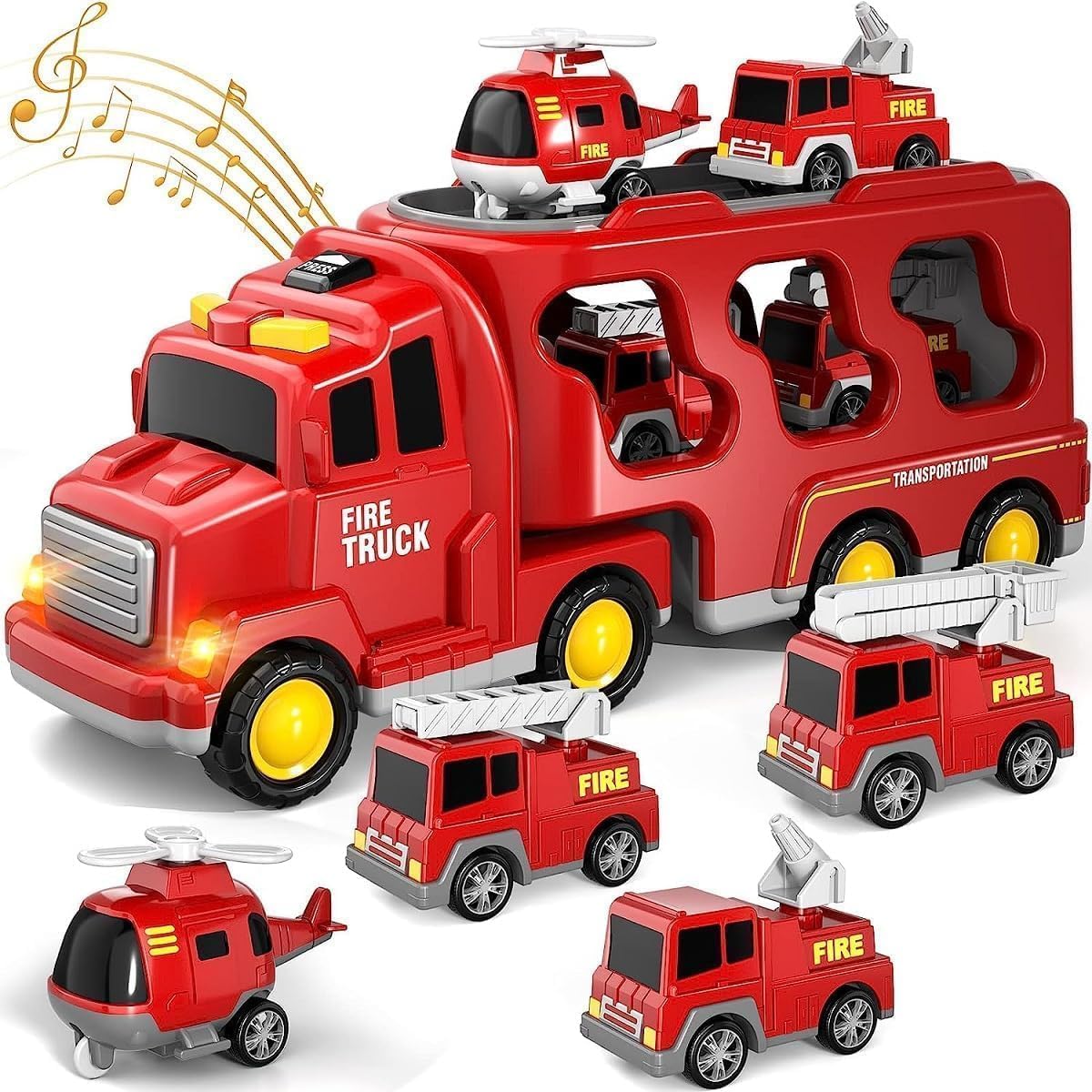 Fire Truck Toys Car for 3 4 5 6 Year Old Toddlers Boys, 5 in 1 Truck Friction Power Toy Car with Light and Sound Transport Vehicle Carrier Truck, Car Toys Set for Boys Girls 3-5 Year
