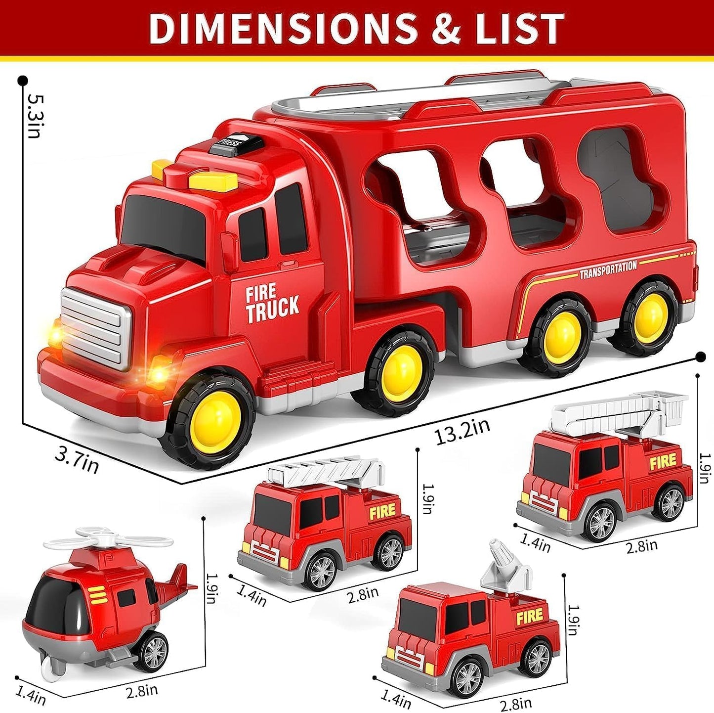 Fire Truck Toys Car for 3 4 5 6 Year Old Toddlers Boys, 5 in 1 Truck Friction Power Toy Car with Light and Sound Transport Vehicle Carrier Truck, Car Toys Set for Boys Girls 3-5 Year