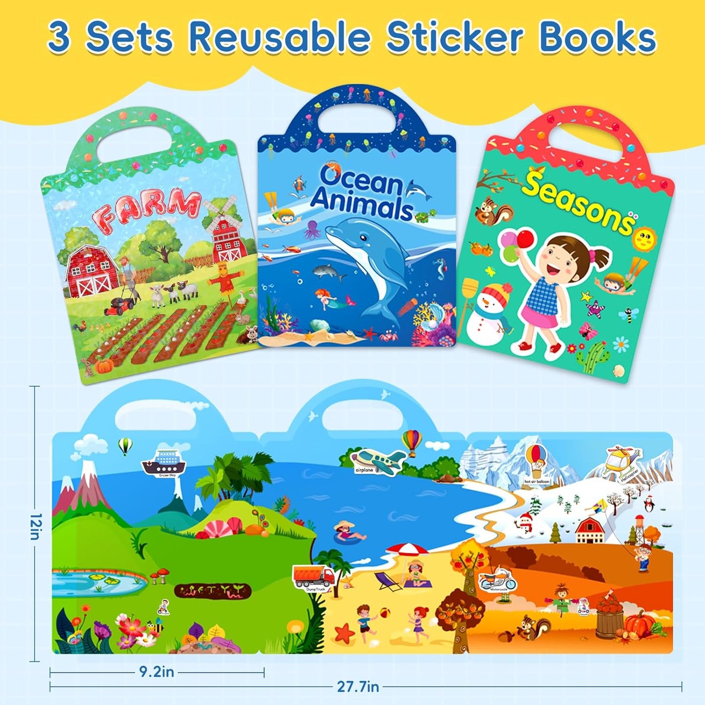 Professional Reusable Sticker Book Set for Toddlers Ages 2-4, Featuring 3 Themed Books with 115 Waterproof Stickers: Ocean Animals, Farm Life, and Seasonal Adventures