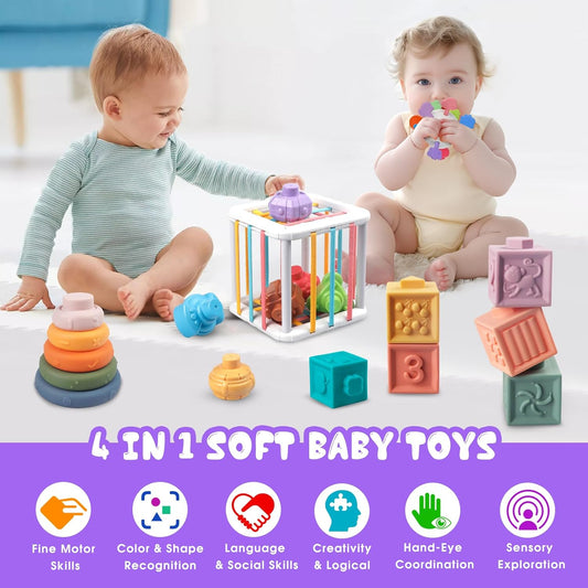 Baby Toys 6 To12-18 Months, Montessori Toys for 1-3 Year, 4 in 1 Stacking Building Blocks Infant Toys,Pull String Baby Teething Toys3-6-9-12 M+,Shape Bin Sensory Toys, Baby Boy Girl Birthday Gifts