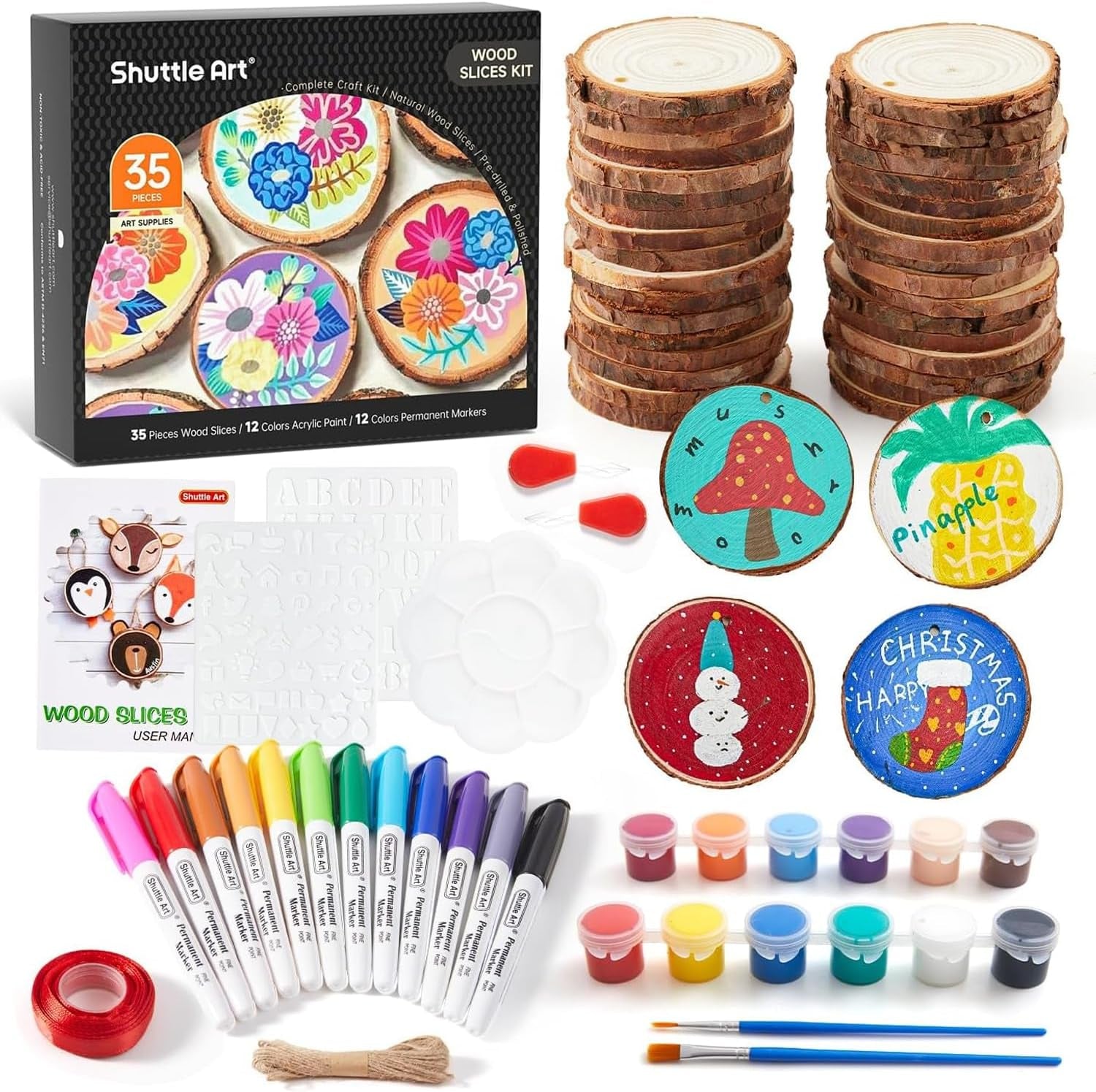 Wood Slices Kit,  35 PCS Unfinished Natural Wood Slices with Pre-Drilled Hole, Acrylic Paint, Permanent Markers, Jute Twine, DIY Craft for Kids Adults Holiday Decoration Christmas Ornaments