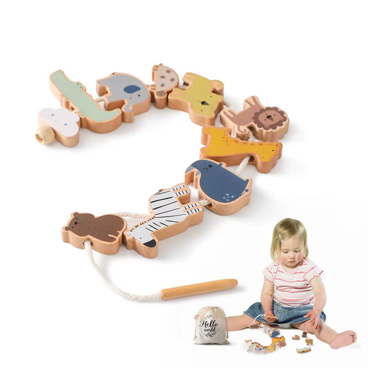 Wooden Baby Animal Threading Toys Blocks Board Games Stacking Toys Montessori Hands-On Ability Educational Children Blocks Gifts