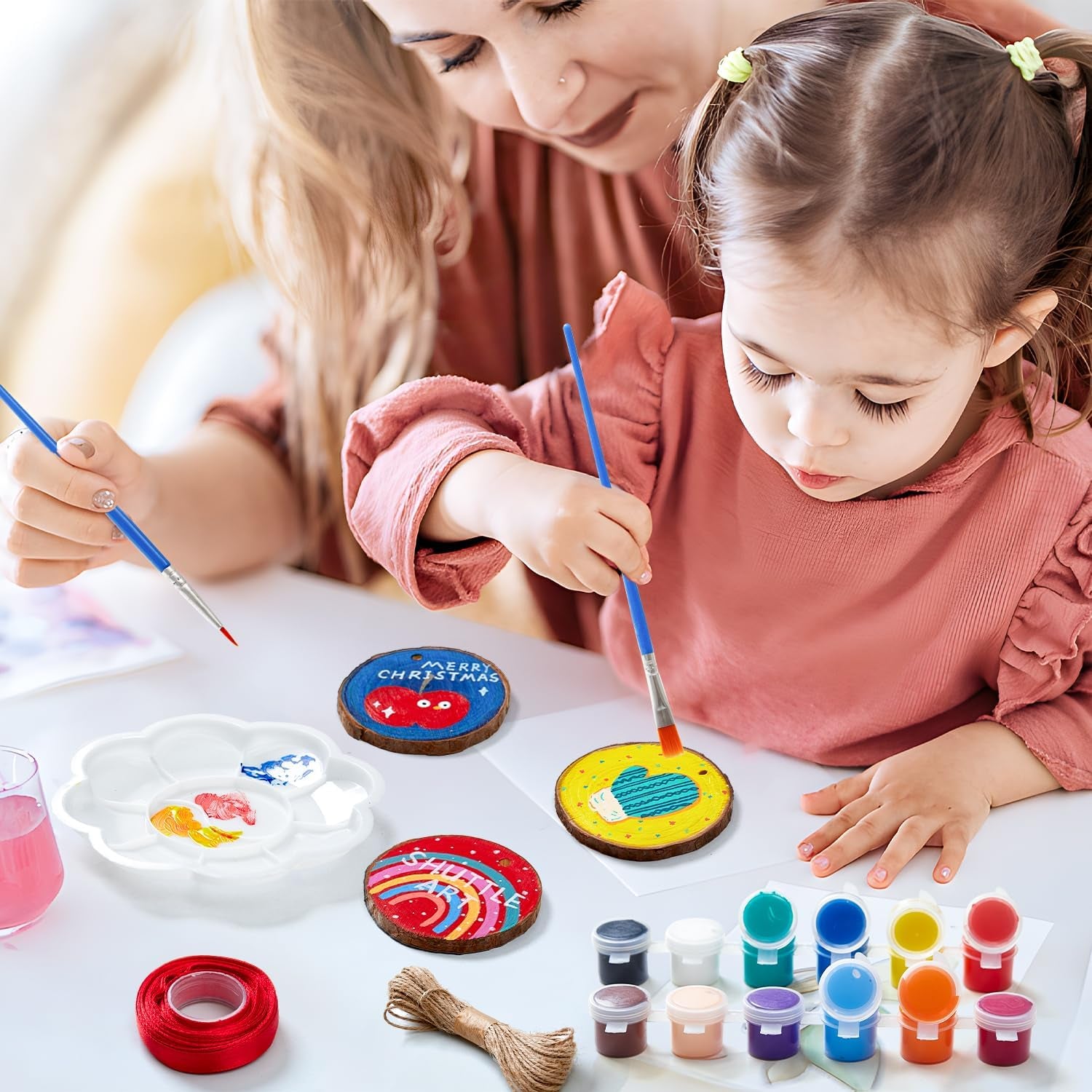 Wood Slices Kit,  35 PCS Unfinished Natural Wood Slices with Pre-Drilled Hole, Acrylic Paint, Permanent Markers, Jute Twine, DIY Craft for Kids Adults Holiday Decoration Christmas Ornaments
