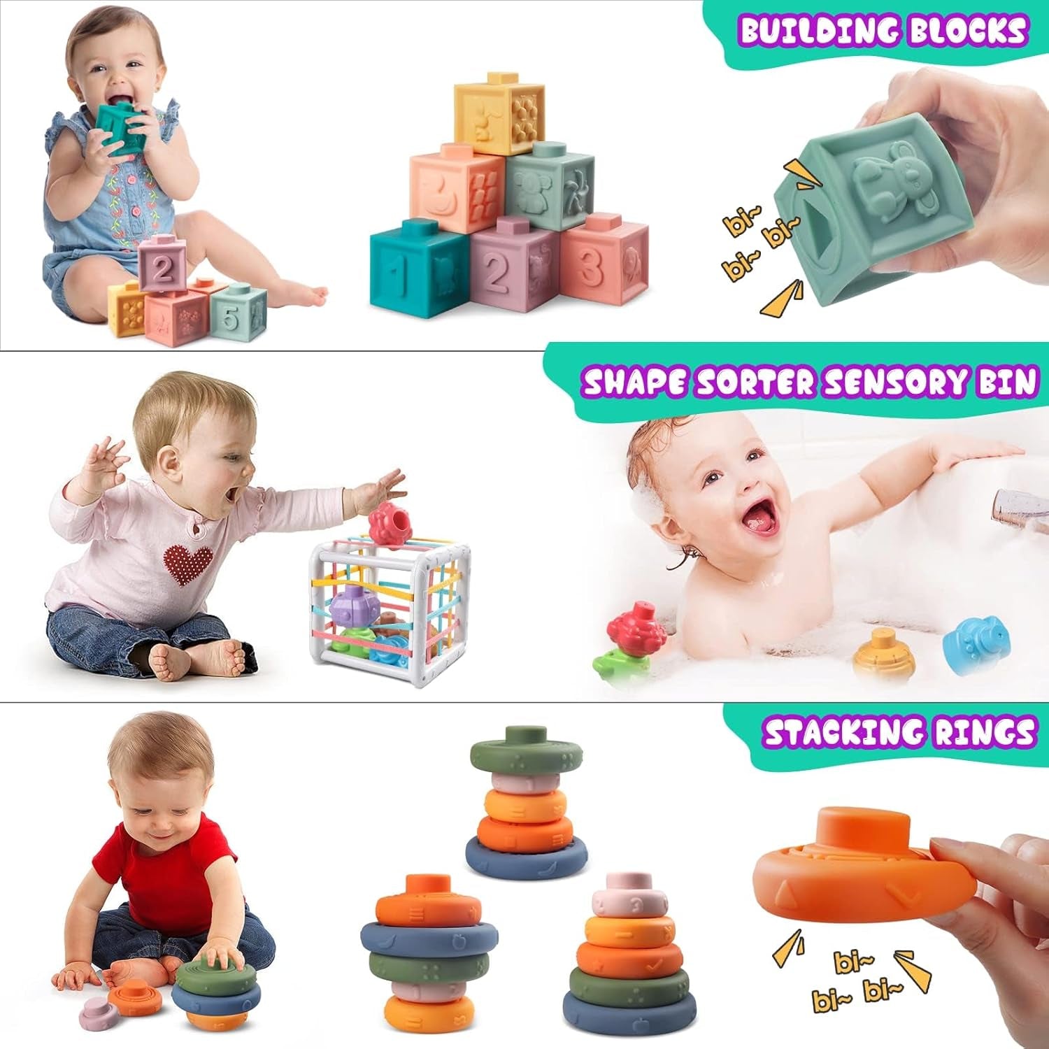 Baby Toys 6 To12-18 Months, Montessori Toys for 1-3 Year, 4 in 1 Stacking Building Blocks Infant Toys,Pull String Baby Teething Toys3-6-9-12 M+,Shape Bin Sensory Toys, Baby Boy Girl Birthday Gifts