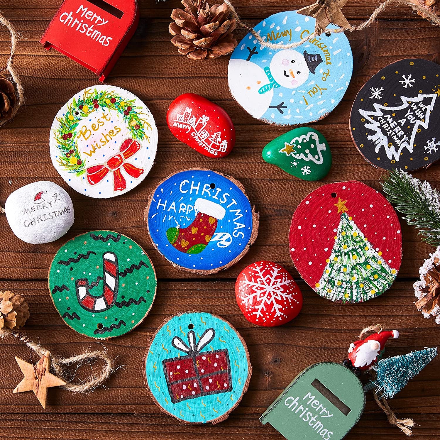 Wood Slices Kit,  35 PCS Unfinished Natural Wood Slices with Pre-Drilled Hole, Acrylic Paint, Permanent Markers, Jute Twine, DIY Craft for Kids Adults Holiday Decoration Christmas Ornaments