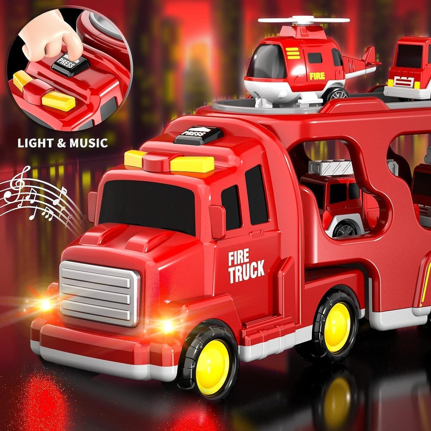 Fire Truck Toys Car for 3 4 5 6 Year Old Toddlers Boys, 5 in 1 Truck Friction Power Toy Car with Light and Sound Transport Vehicle Carrier Truck, Car Toys Set for Boys Girls 3-5 Year