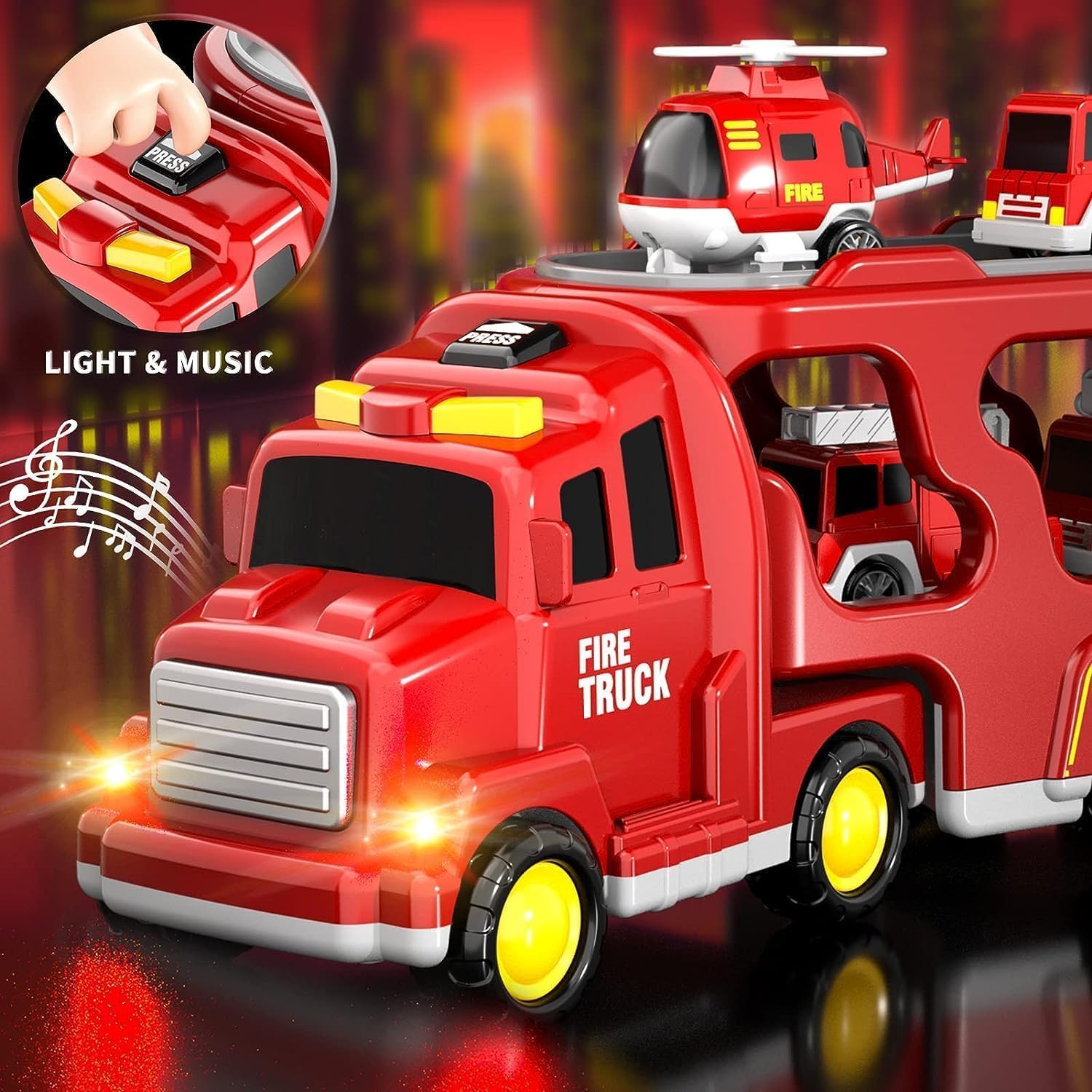 Fire Truck Toys Car for 3 4 5 6 Year Old Toddlers Boys, 5 in 1 Truck Friction Power Toy Car with Light and Sound Transport Vehicle Carrier Truck, Car Toys Set for Boys Girls 3-5 Year