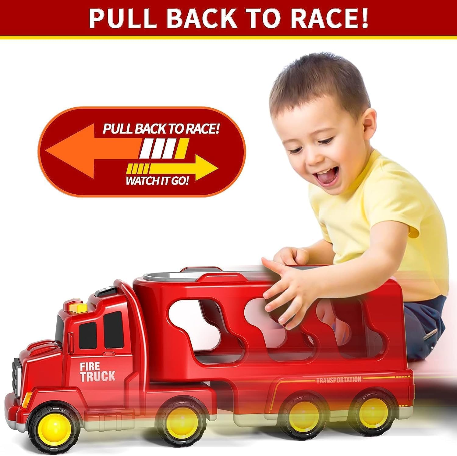 Fire Truck Toys Car for 3 4 5 6 Year Old Toddlers Boys, 5 in 1 Truck Friction Power Toy Car with Light and Sound Transport Vehicle Carrier Truck, Car Toys Set for Boys Girls 3-5 Year