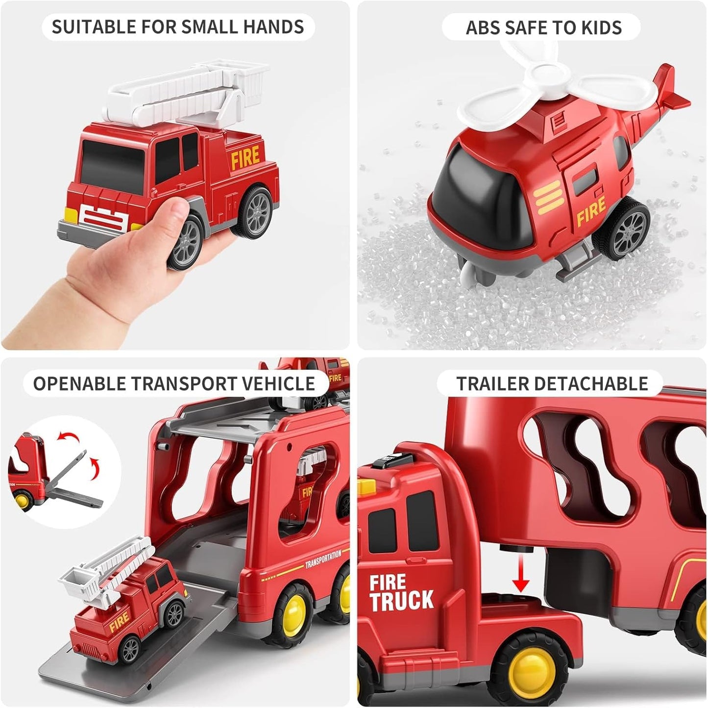 Fire Truck Toys Car for 3 4 5 6 Year Old Toddlers Boys, 5 in 1 Truck Friction Power Toy Car with Light and Sound Transport Vehicle Carrier Truck, Car Toys Set for Boys Girls 3-5 Year
