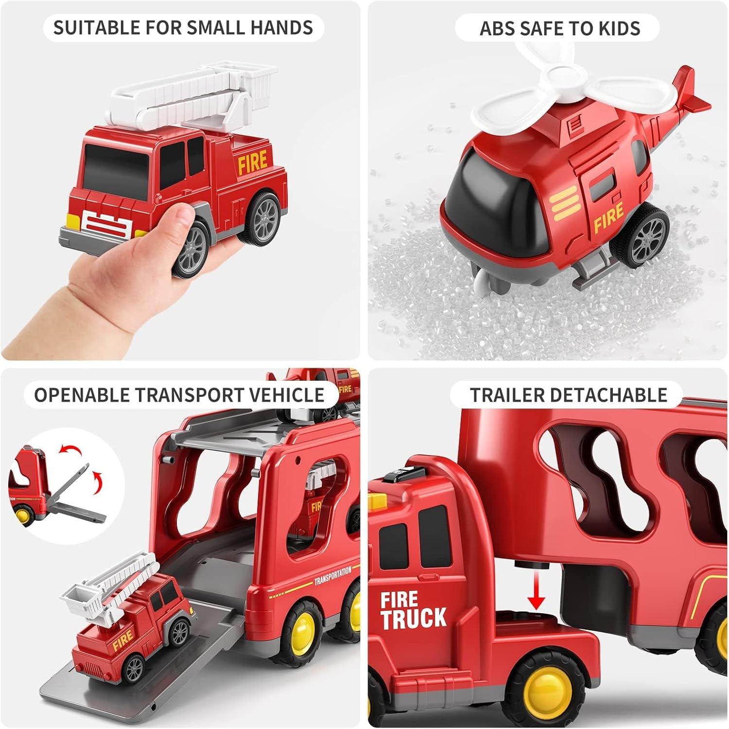 Fire Truck Toys Car for 3 4 5 6 Year Old Toddlers Boys, 5 in 1 Truck Friction Power Toy Car with Light and Sound Transport Vehicle Carrier Truck, Car Toys Set for Boys Girls 3-5 Year