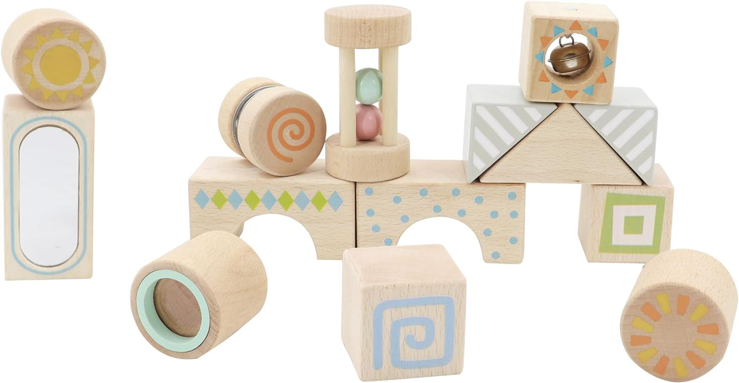 Sensory Blocks - Wooden Stacking Blocks with Bell, Kaleidoscope, Mirror, Rattle & Tambourine, Stacking Toys for 1 2 3 Year Old Boys & Girls - Fun Educational Toys
