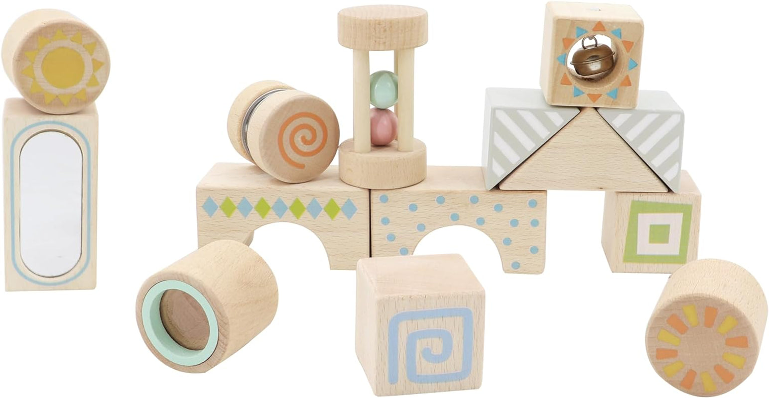 Sensory Blocks - Wooden Stacking Blocks with Bell, Kaleidoscope, Mirror, Rattle & Tambourine, Stacking Toys for 1 2 3 Year Old Boys & Girls - Fun Educational Toys