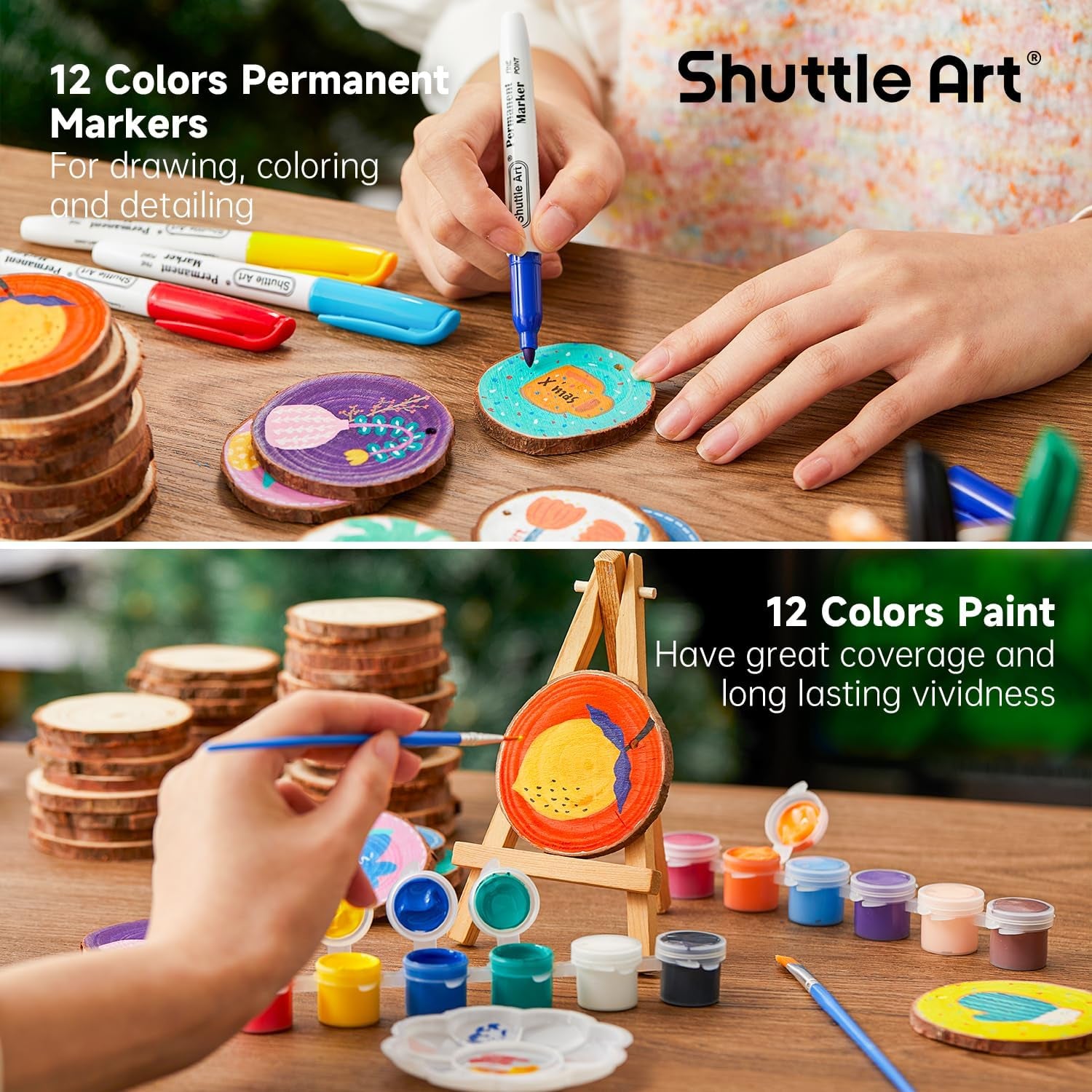 Wood Slices Kit,  35 PCS Unfinished Natural Wood Slices with Pre-Drilled Hole, Acrylic Paint, Permanent Markers, Jute Twine, DIY Craft for Kids Adults Holiday Decoration Christmas Ornaments