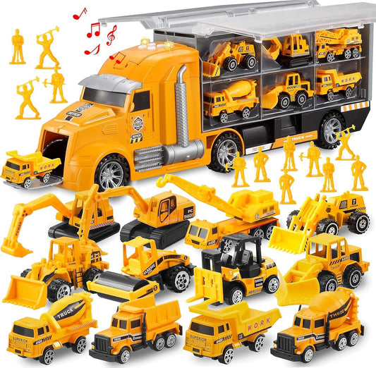 25 in 1 Construction Play Vehicle Set, Vehicles with Sounds and Lights in Carrier Truck