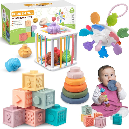 Montessori-Inspired Baby Toys for 6 to 18 Months - 4-in-1 Stacking Building Blocks, Pull String Teething Toys, Shape Bin Sensory Toys