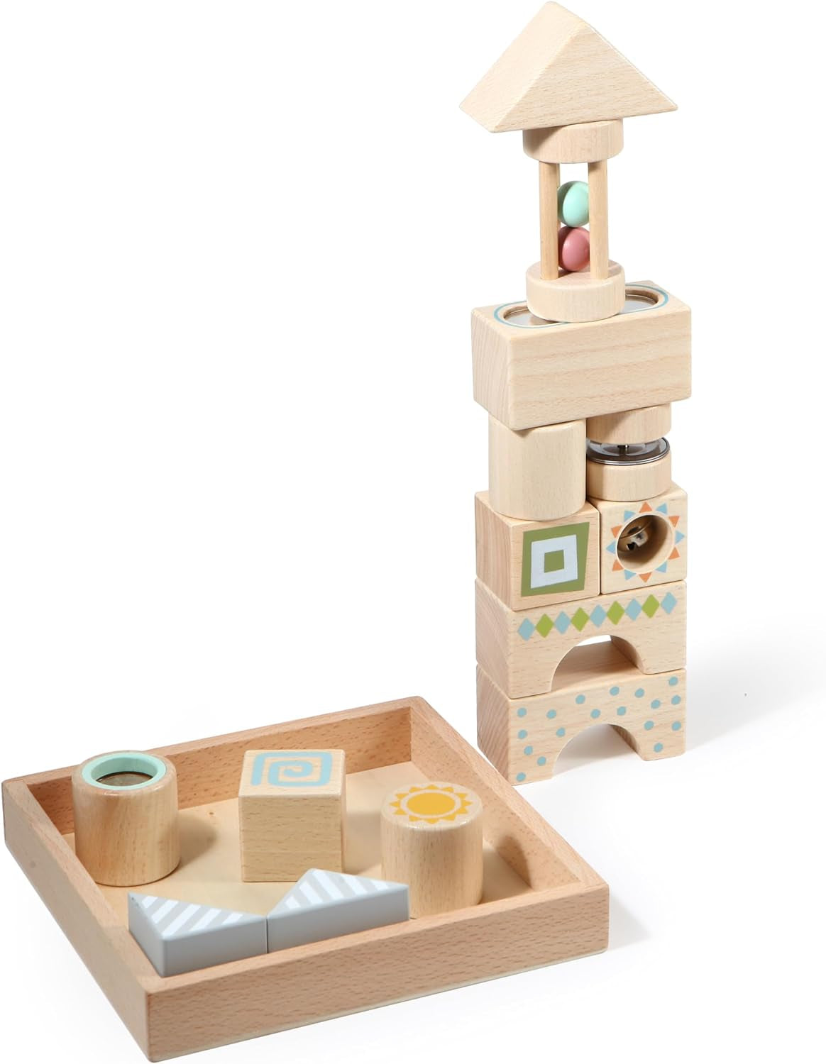 Sensory Blocks - Wooden Stacking Blocks with Bell, Kaleidoscope, Mirror, Rattle & Tambourine, Stacking Toys for 1 2 3 Year Old Boys & Girls - Fun Educational Toys