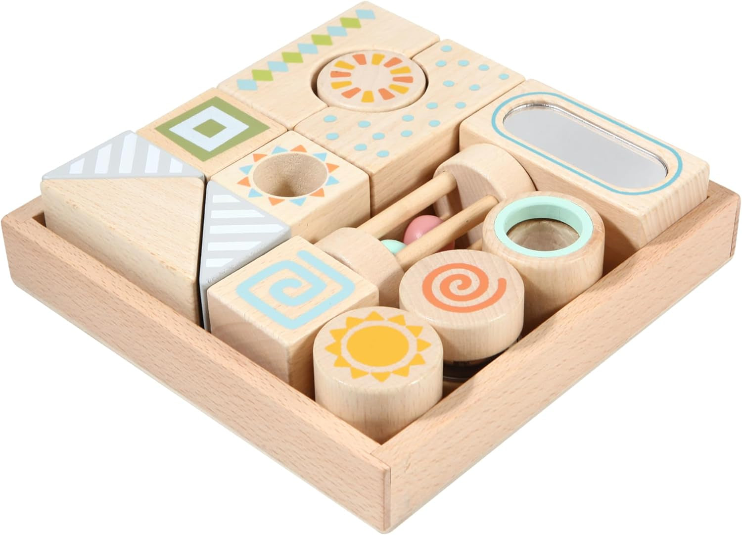 Sensory Blocks - Wooden Stacking Blocks with Bell, Kaleidoscope, Mirror, Rattle & Tambourine, Stacking Toys for 1 2 3 Year Old Boys & Girls - Fun Educational Toys