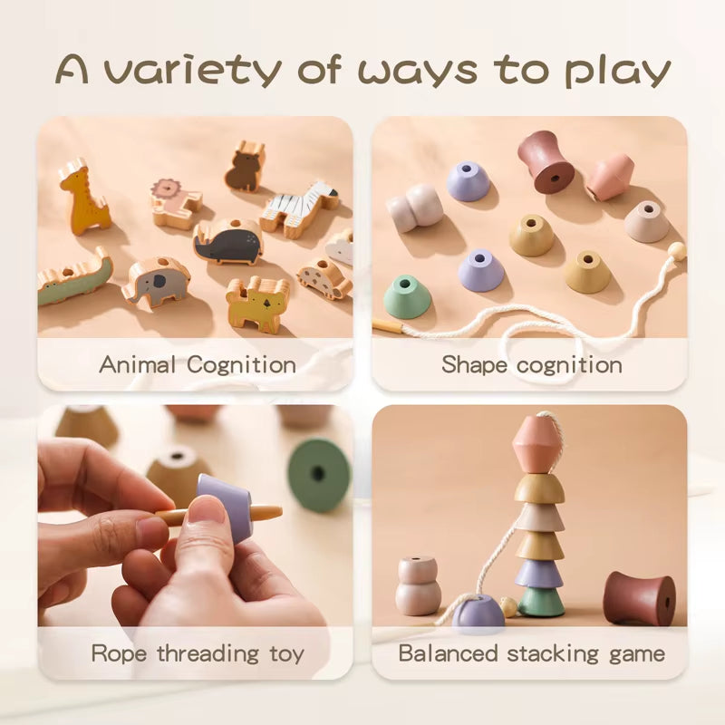 Wooden Baby Animal Threading Toys Blocks Board Games Stacking Toys Montessori Hands-On Ability Educational Children Blocks Gifts