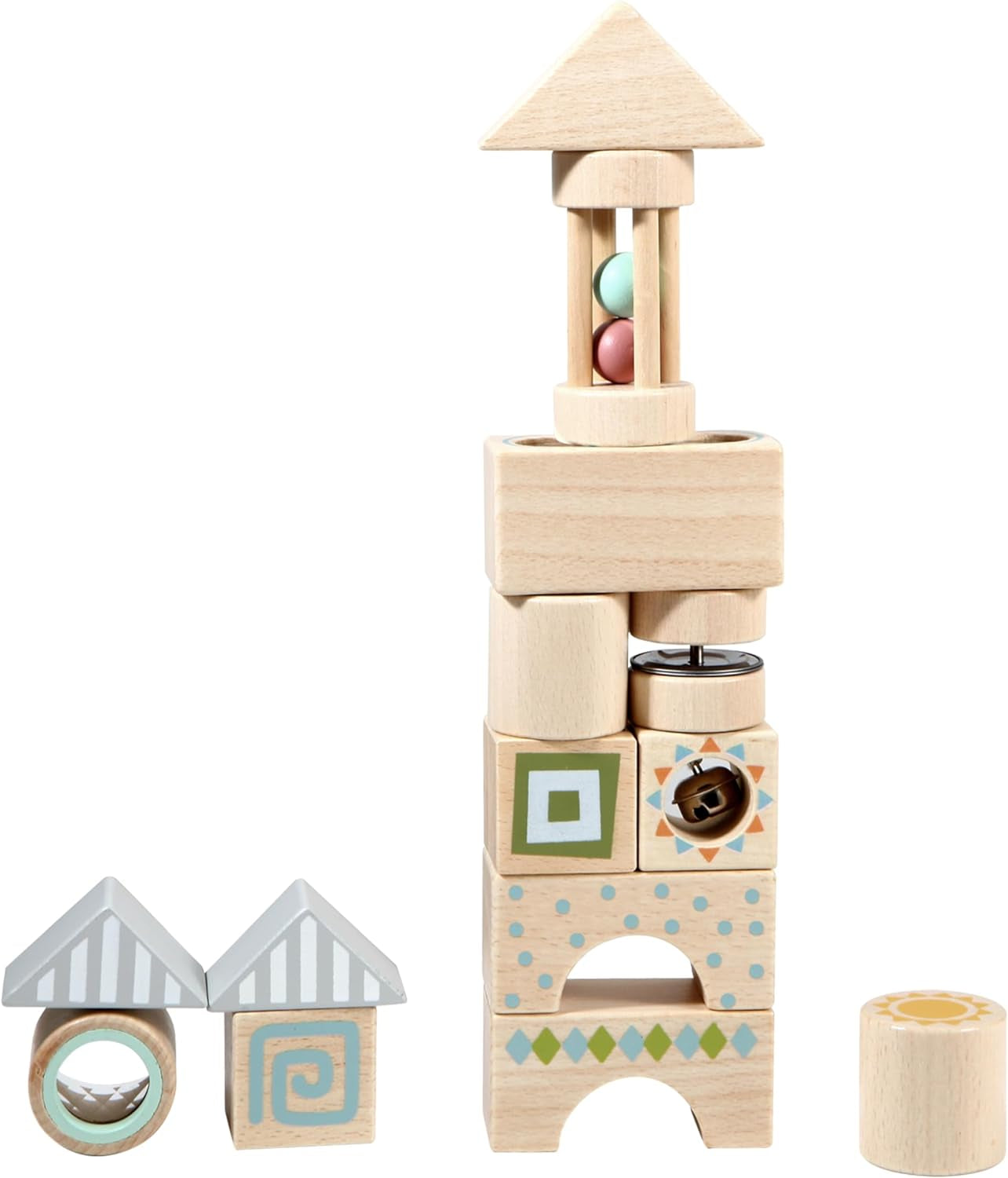 Sensory Blocks - Wooden Stacking Blocks with Bell, Kaleidoscope, Mirror, Rattle & Tambourine, Stacking Toys for 1 2 3 Year Old Boys & Girls - Fun Educational Toys