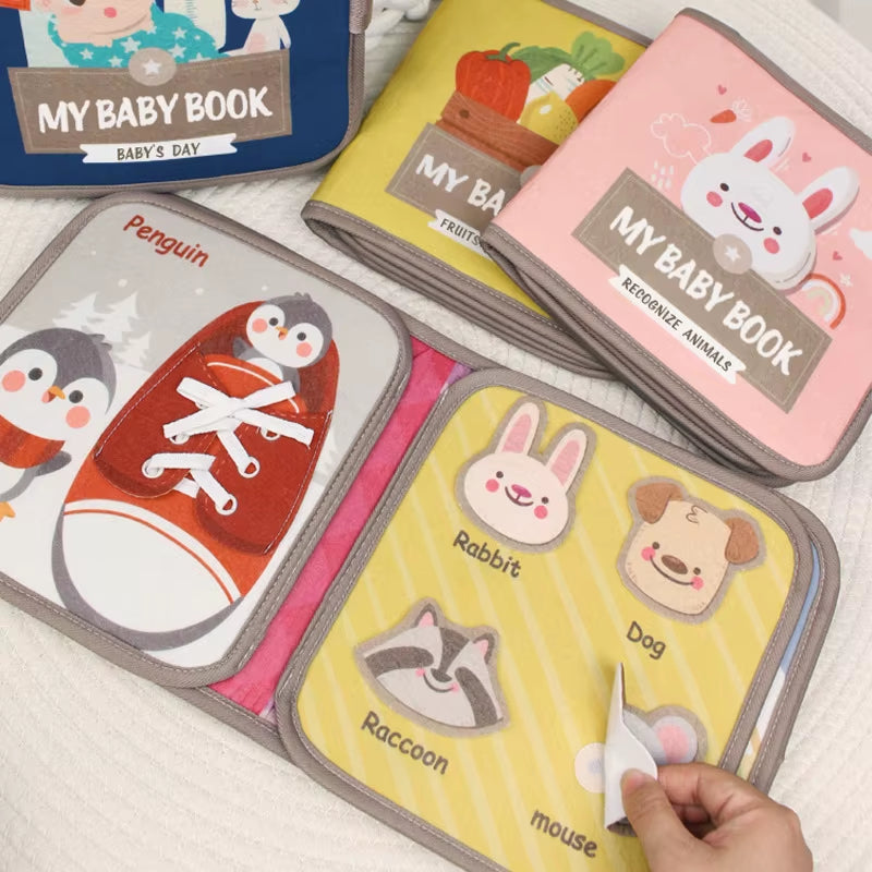 Montessori Busy Book Baby Early Education Book，Puzzle Toy, Animal Cognitive Fabric Book, Repeated Paste Book & Sensory Toys