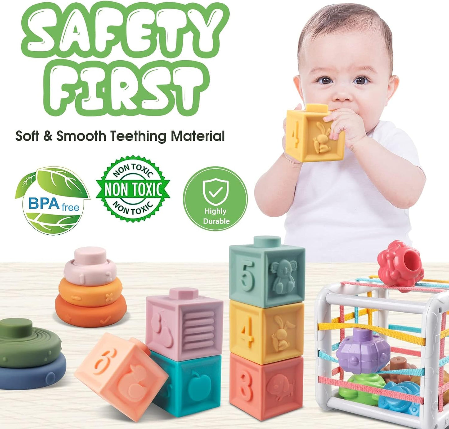 Baby Toys 6 To12-18 Months, Montessori Toys for 1-3 Year, 4 in 1 Stacking Building Blocks Infant Toys,Pull String Baby Teething Toys3-6-9-12 M+,Shape Bin Sensory Toys, Baby Boy Girl Birthday Gifts