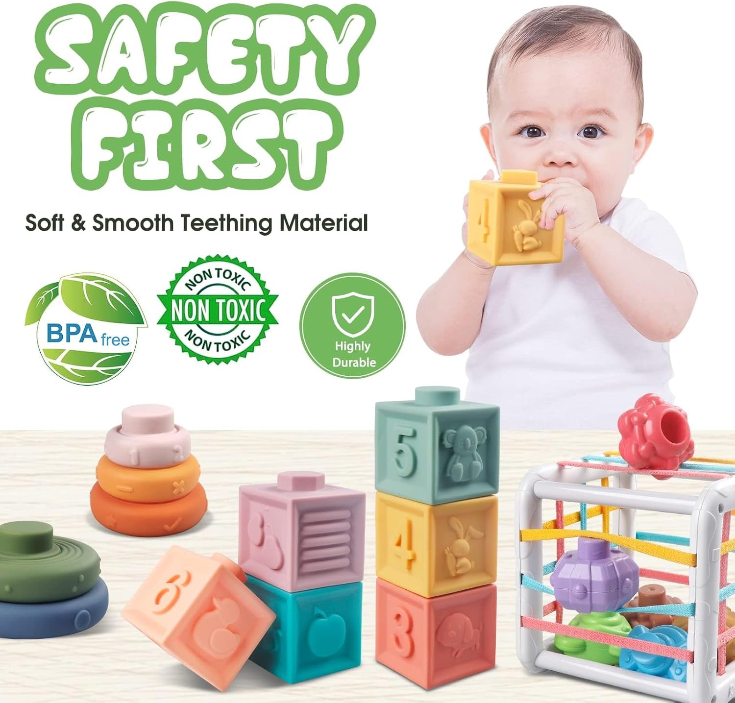 Baby Toys 6 To12-18 Months, Montessori Toys for 1-3 Year, 4 in 1 Stacking Building Blocks Infant Toys,Pull String Baby Teething Toys3-6-9-12 M+,Shape Bin Sensory Toys, Baby Boy Girl Birthday Gifts