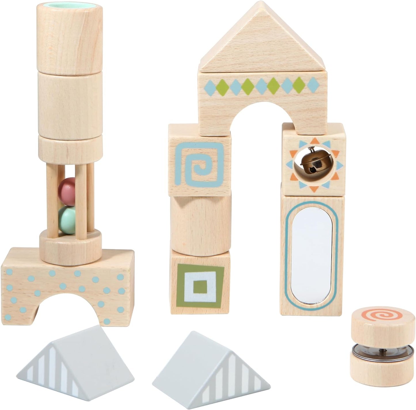 Sensory Blocks - Wooden Stacking Blocks with Bell, Kaleidoscope, Mirror, Rattle & Tambourine, Stacking Toys for 1 2 3 Year Old Boys & Girls - Fun Educational Toys