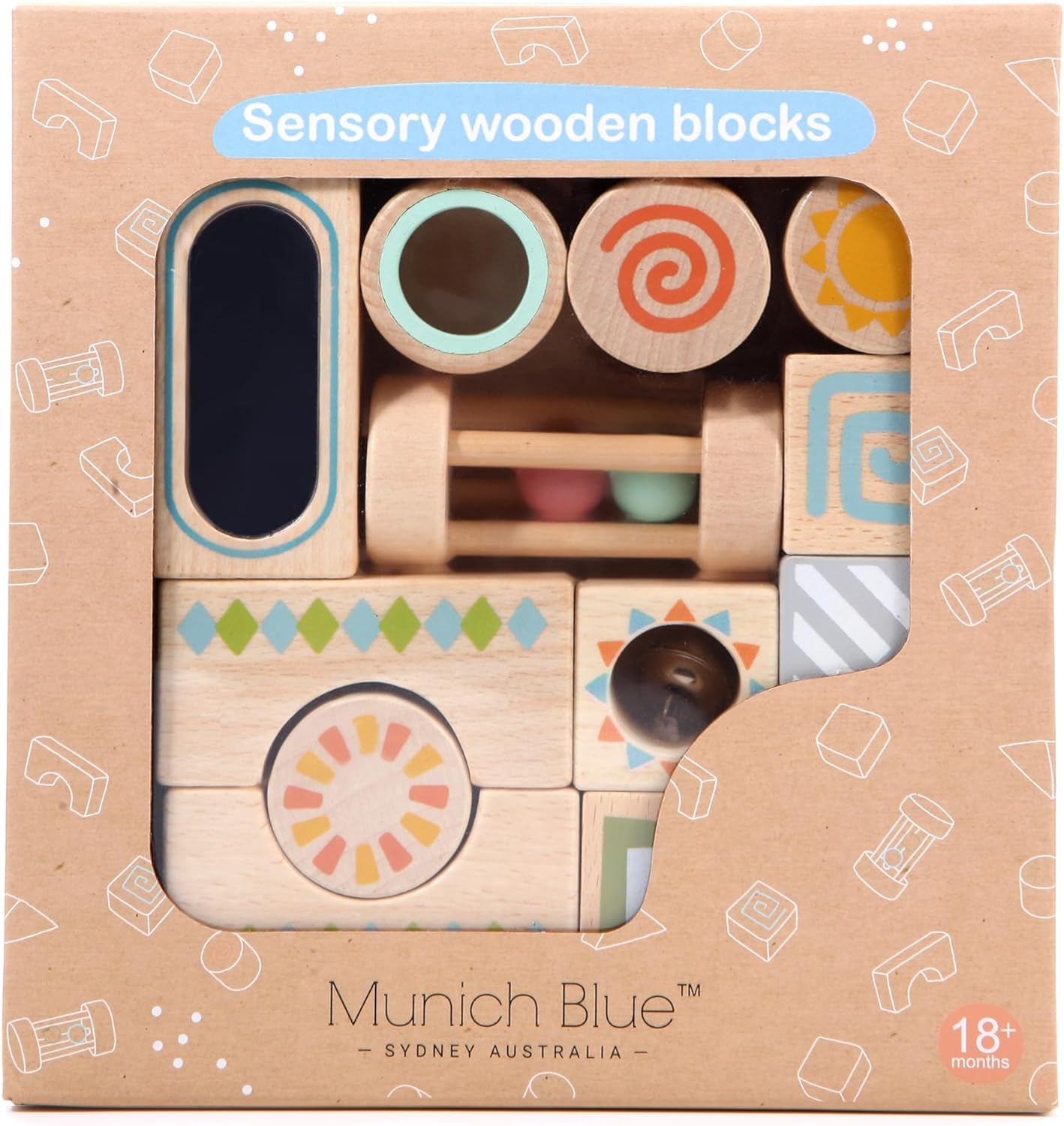Sensory Blocks - Wooden Stacking Blocks with Bell, Kaleidoscope, Mirror, Rattle & Tambourine, Stacking Toys for 1 2 3 Year Old Boys & Girls - Fun Educational Toys