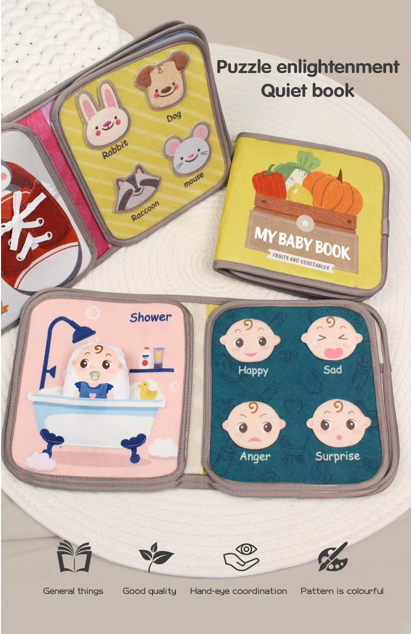 Montessori Busy Book Baby Early Education Book，Puzzle Toy, Animal Cognitive Fabric Book, Repeated Paste Book & Sensory Toys
