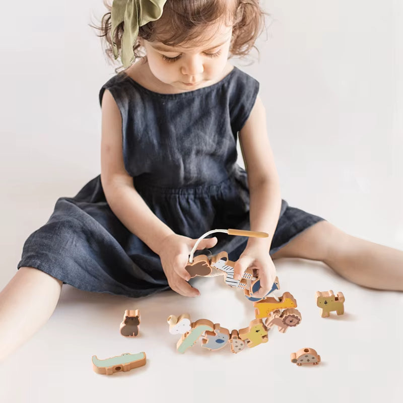 Wooden Baby Animal Threading Toys Blocks Board Games Stacking Toys Montessori Hands-On Ability Educational Children Blocks Gifts