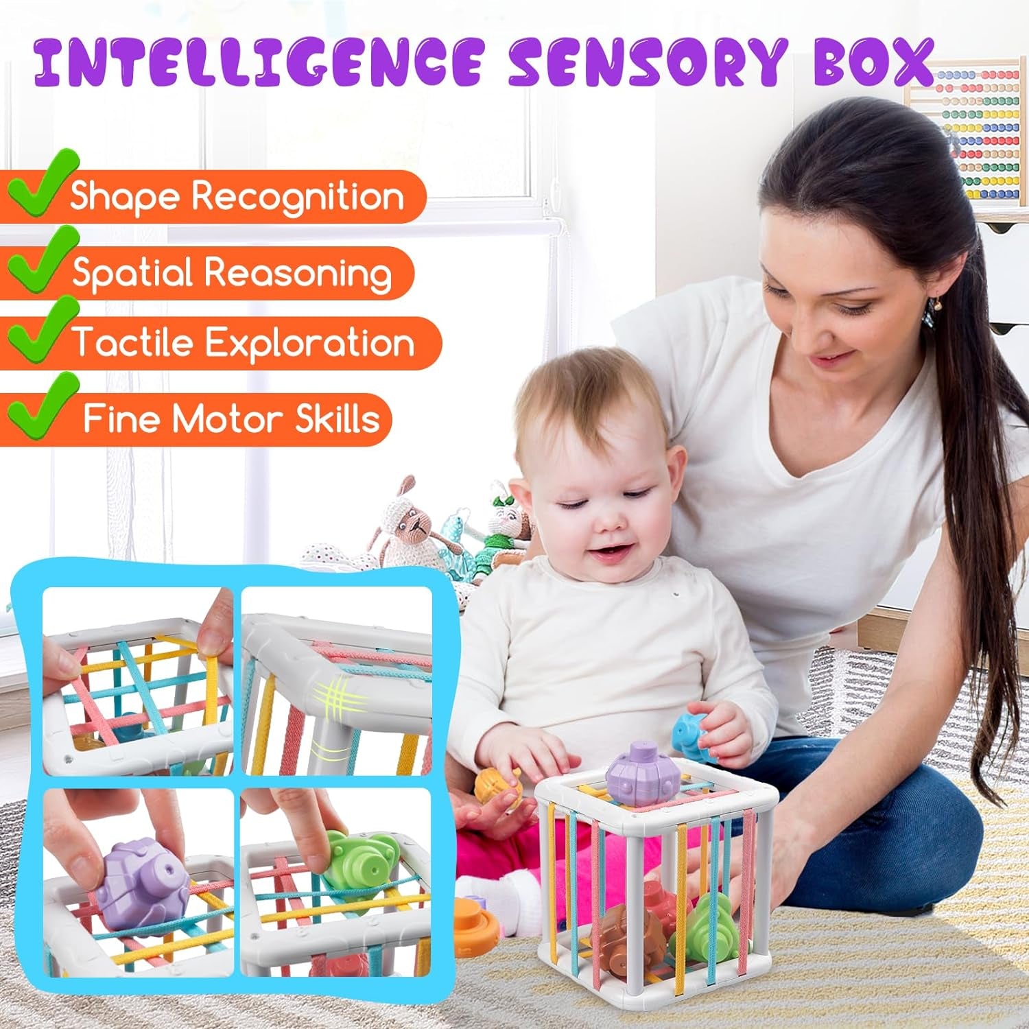 Baby Toys 6 To12-18 Months, Montessori Toys for 1-3 Year, 4 in 1 Stacking Building Blocks Infant Toys,Pull String Baby Teething Toys3-6-9-12 M+,Shape Bin Sensory Toys, Baby Boy Girl Birthday Gifts
