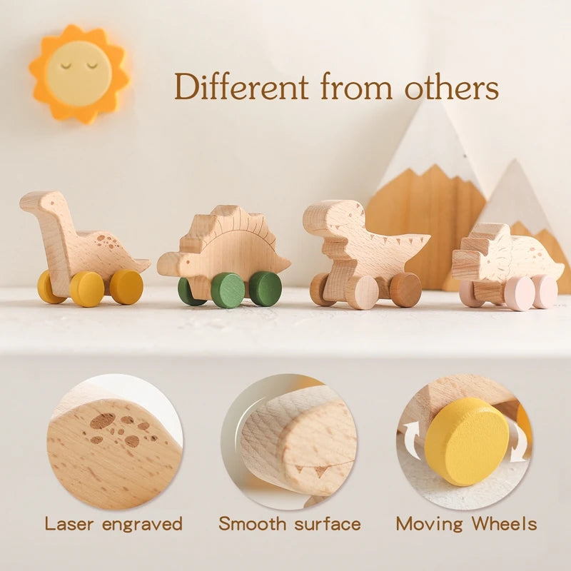 Baby Wooden Montessori Toys Beech Wooden Tyrannosaurus Rex Dinosaur Car Teether Educational Toys Children Teethering Baby Gift