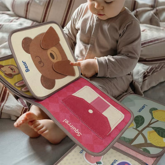 Montessori Busy Book Baby Early Education Book，Puzzle Toy, Animal Cognitive Fabric Book, Repeated Paste Book & Sensory Toys